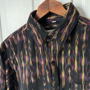 Black Cotton Buttondown w/ Multi-Color Design Shchel MayanColor Guatemalan Shirt